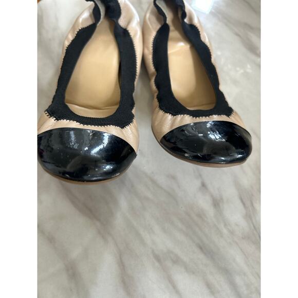 J.Crew Nude Leather Black Trim Cap Toe Slip On Elastic Flats - Picture 2 of 8